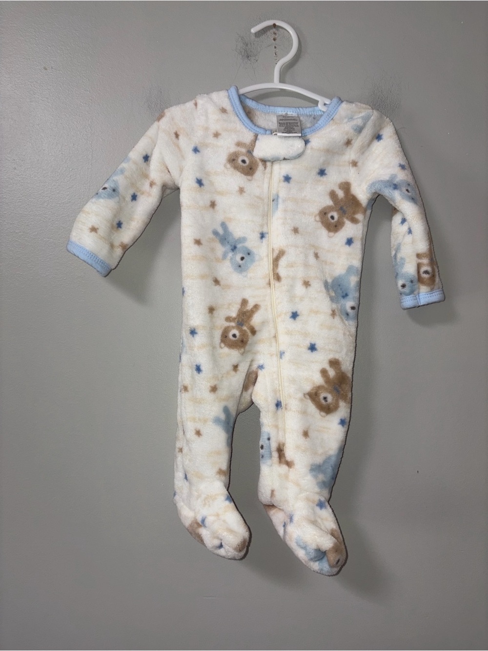 Little Beginnings White Blue Fuzzy Teddy Bears Footie Zip Sleeper Boys 0-3M‎